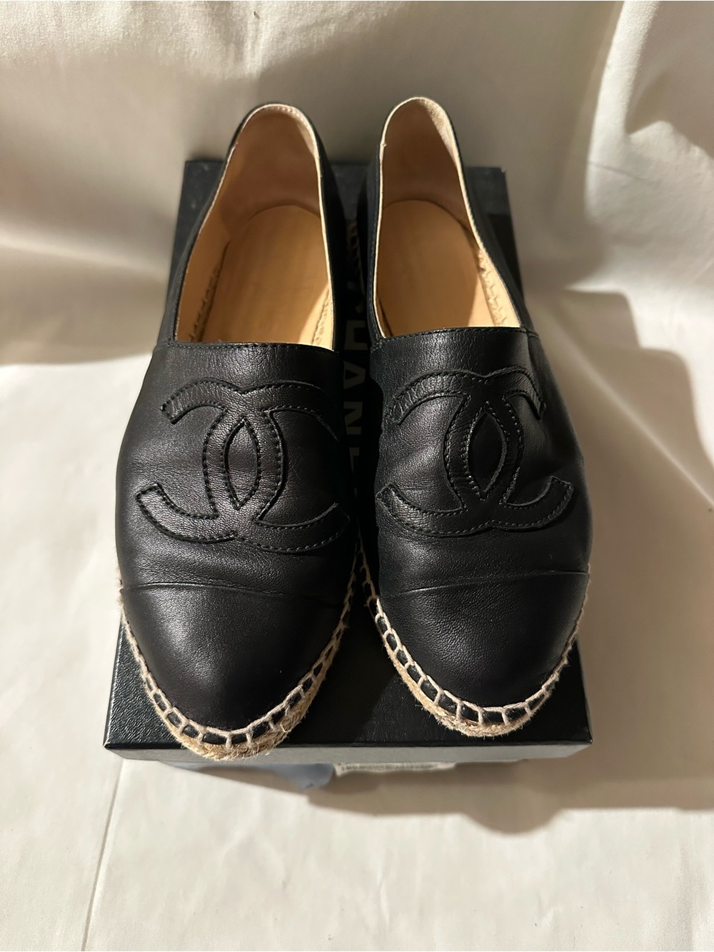 Authentic CHANEL Black Leather Espadrille Slip-Ons with CC Logo Size 38